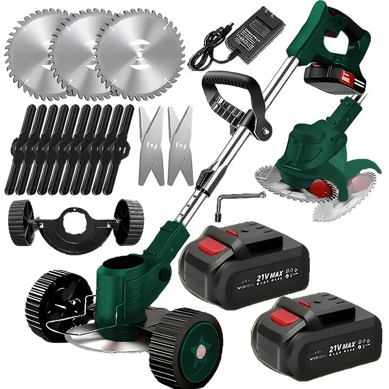 Wireless portable weed trimmer for lawn trimming. The trimmer is equipped with 2 lithium batteries and comes with replaceable bl