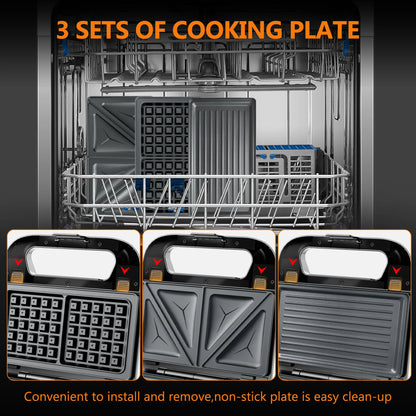 3 in 1 Sandwich Maker & Waffle Maker, 750W Panini Press with Removable Non-Stick Plate Easy to Clean, Grilled Cheese Maker