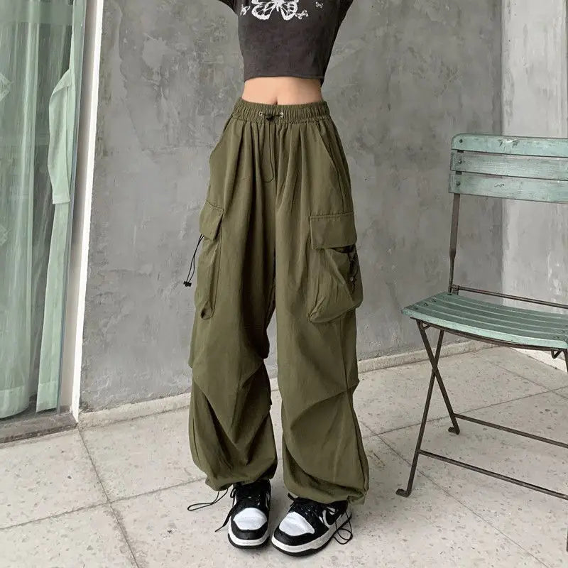 2024 Women Casual Joggers Tech Pants Solid Low Waist Pants Drawstring Wide Leg Baggy Trousers Y2k Streetwear Oversize Sweatpants - Smarsty