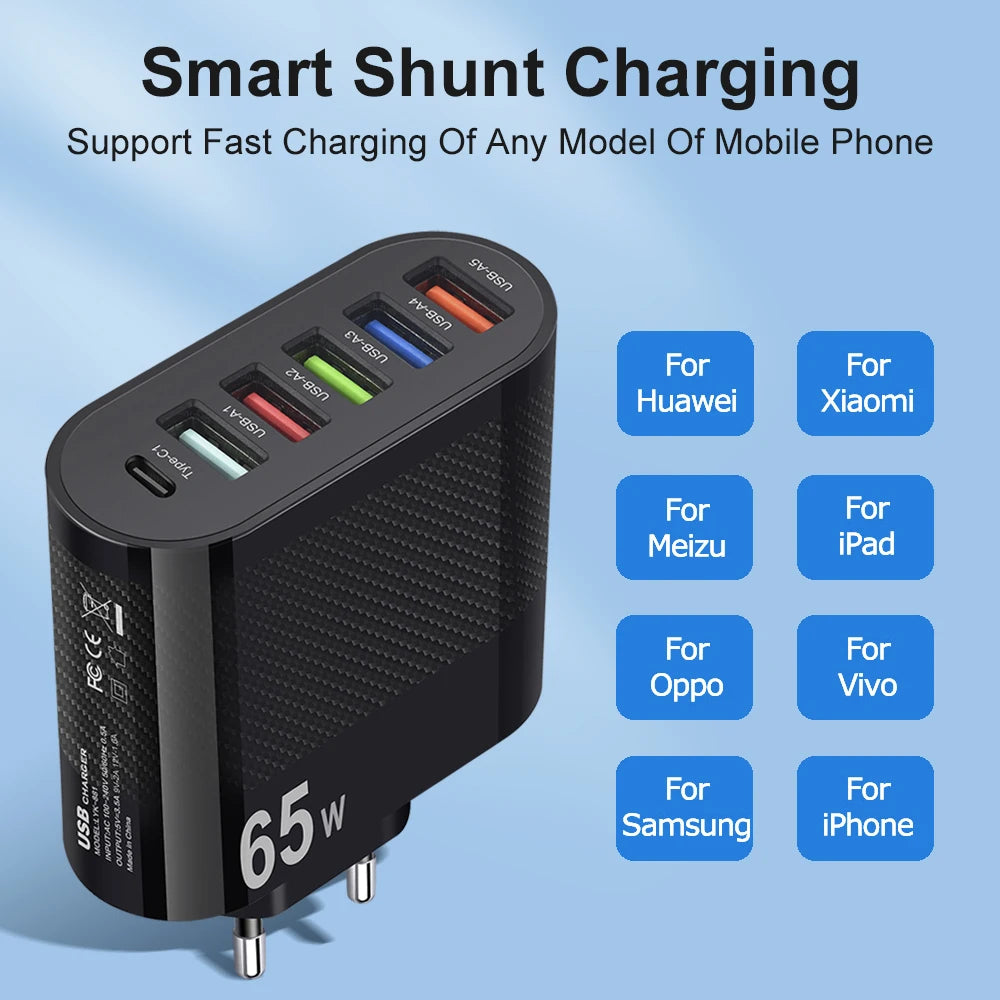 65W USB Charger Includes Six Ports Ultra Fast Type C - Smarsty