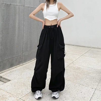 2024 Women Casual Joggers Tech Pants Solid Low Waist Pants Drawstring Wide Leg Baggy Trousers Y2k Streetwear Oversize Sweatpants - Smarsty
