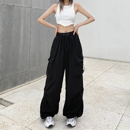 2024 Women Casual Joggers Tech Pants Solid Low Waist Pants Drawstring Wide Leg Baggy Trousers Y2k Streetwear Oversize Sweatpants - Smarsty