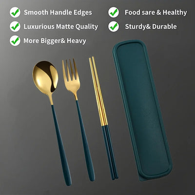 Korean-Style Stainless Steel Utensil Set - Portable Spoon, Fork, Chopsticks with Gift Case, 3-Piece Travel Kit for School, Offic