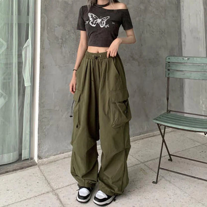 2024 Women Casual Joggers Tech Pants Solid Low Waist Pants Drawstring Wide Leg Baggy Trousers Y2k Streetwear Oversize Sweatpants - Smarsty
