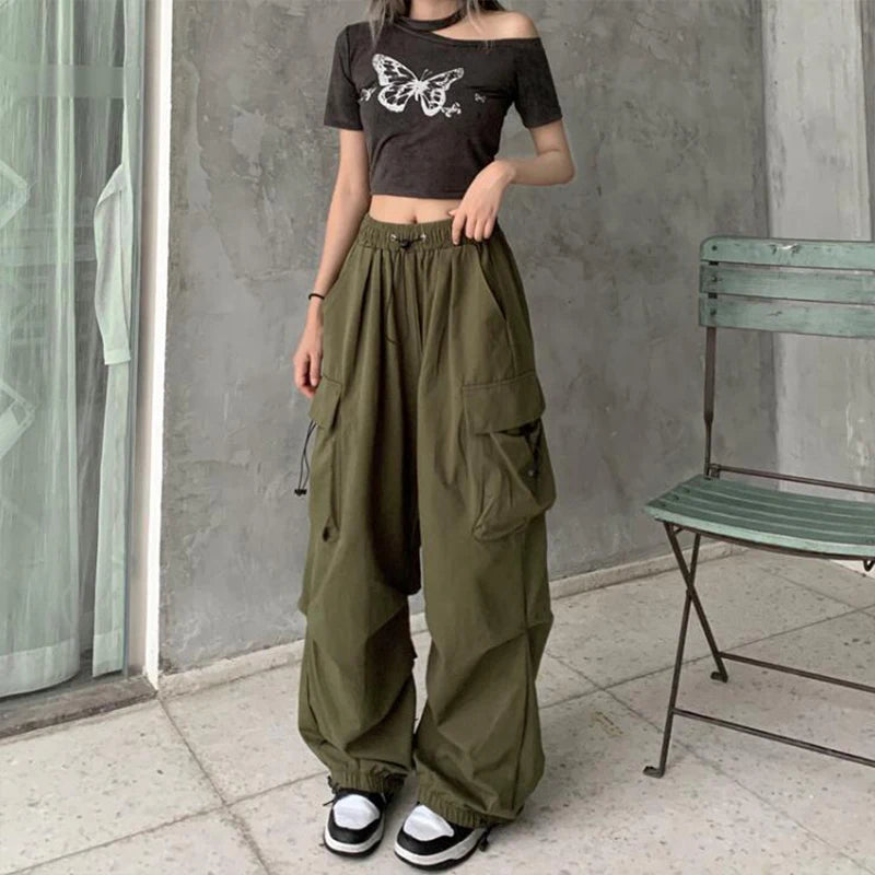 2024 Women Casual Joggers Tech Pants Solid Low Waist Pants Drawstring Wide Leg Baggy Trousers Y2k Streetwear Oversize Sweatpants - Smarsty