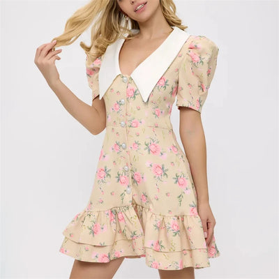 Tornova Print Puff Sleeves Ruffled Dress Women's V-Neck High Waist Pearl Buttons Mini Dress Female Casual Vacation Fashion Dress - Smarsty