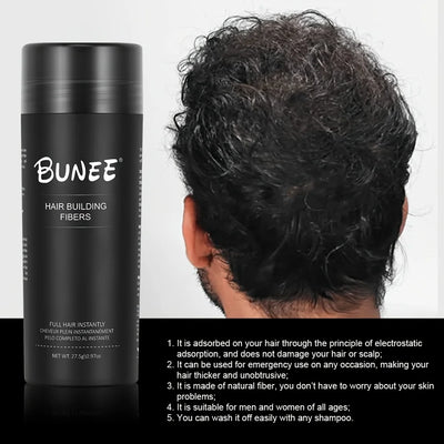 BUNEE Hair Fiber 27.5g: Men's natural hair-thickening fibers for balding areas, fills part lines, includes 27.5g fiber powder. - Smarsty
