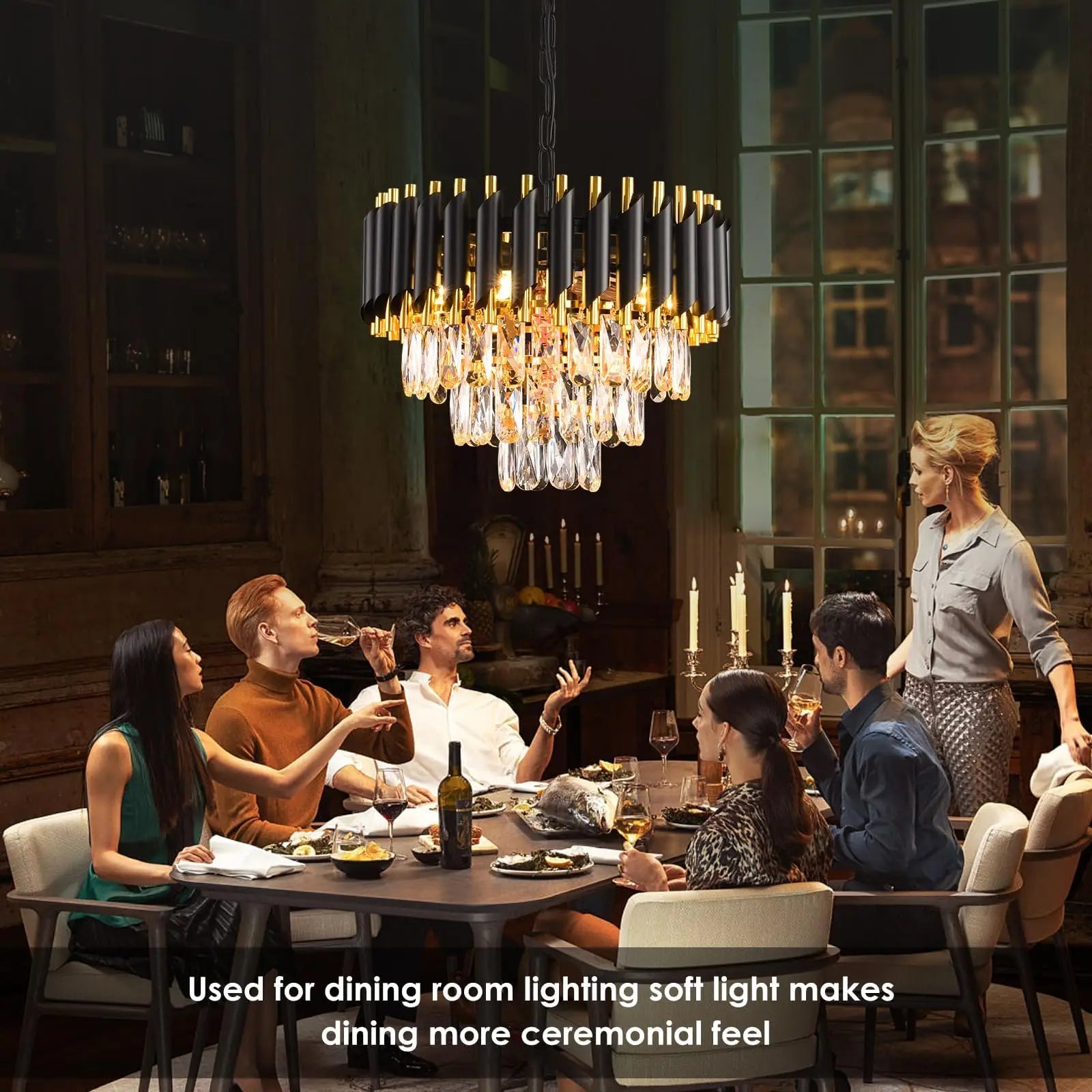 Black and Gold Crystal Chandelier Pendant Light Fixture Flush Mount Ceiling Lighting 3 Tiers Modern Crystal Chandeliers