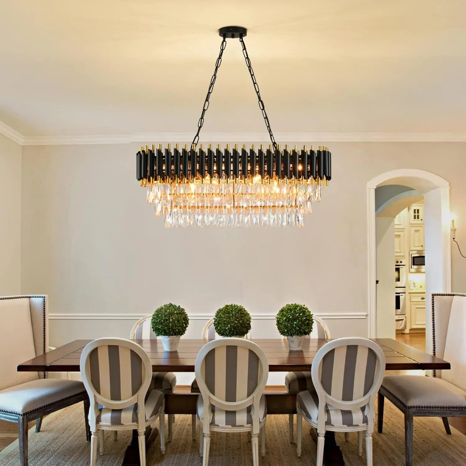 Modern Black & Gold Crystal Chandelier, 3-Tier K9 Oval Crystal Chandelier for Kitchen Island/Living Room/Bedroom/dining room