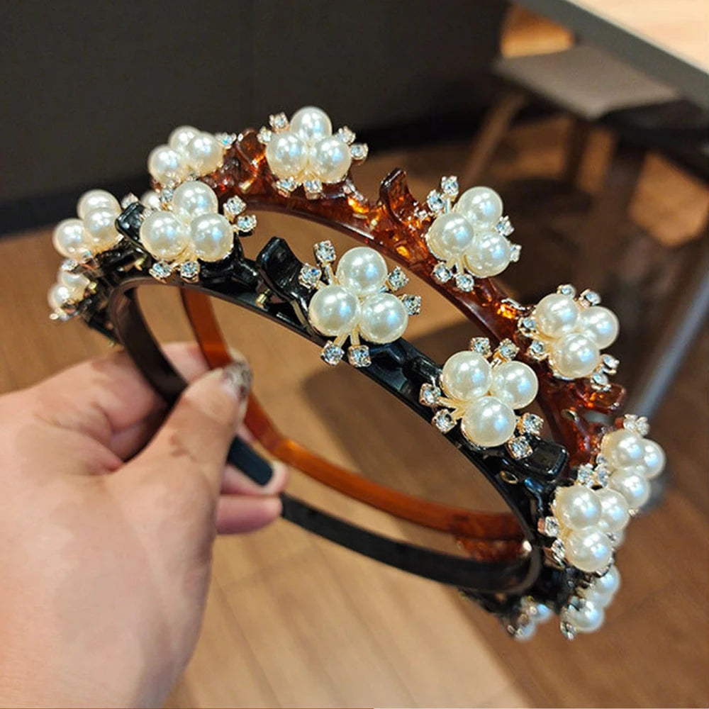 Double Layer Braided Headband With Pearl Accent Comfortable - Smarsty