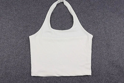 White Halter Sexy Backless Tank Tops for Women Streetwear 2024 Sleeveless Ribbed Knit Vest Top Cropped Feminino - Smarsty