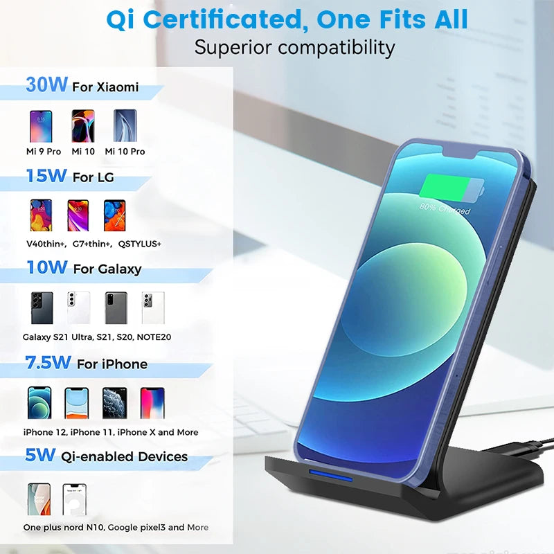 30W Qi Wireless Charger Stand Fast Charging Dock For Phones - Smarsty