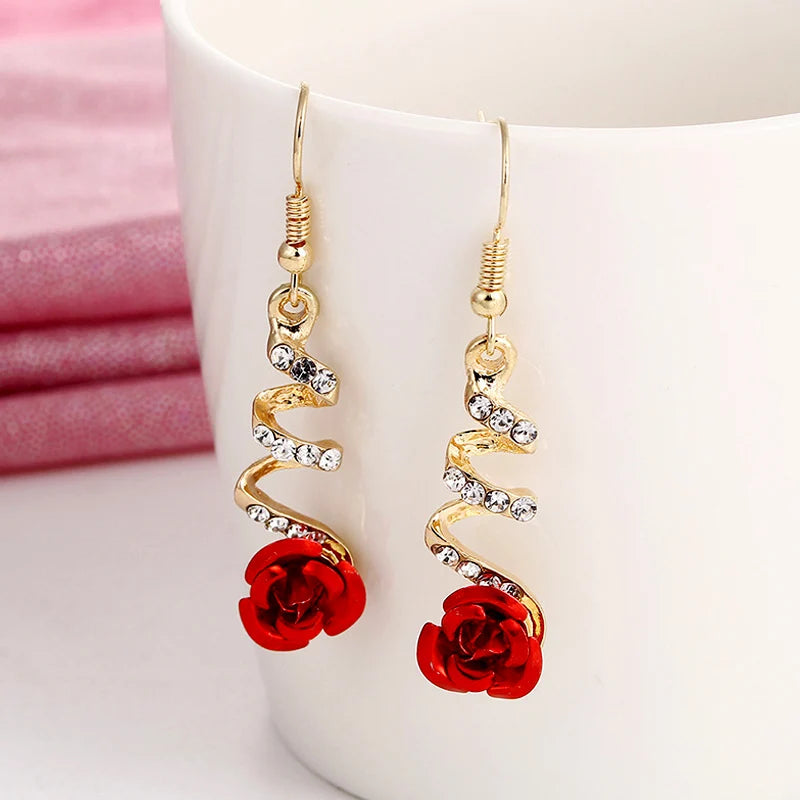 Red Rose Drop Earrings for Women Vintage Rhinestone Design - Smarsty
