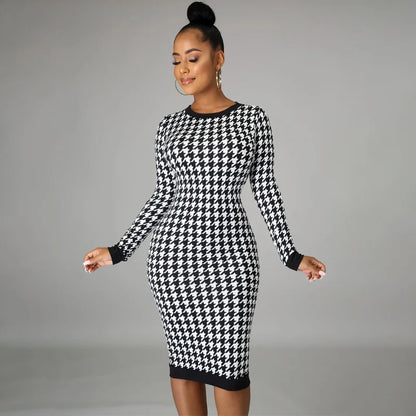 Houndstooth Print Women Long Sleeve Midi Dress Hollow Out Bodycon Sexy Streetwear 2022 Autumn Winter Club Elegant Slim - Smarsty