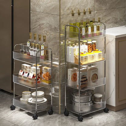 3/4 Layer Rolling Trolley Storage Rack Movable Trolley With Hanging Basket Bathroom Storage Makeup Snack Organizer Transparent