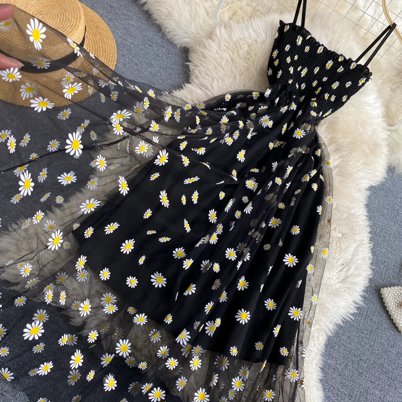 YuooMuoo Korean Fashion Daisy Flower Print Mesh Party Dress Summer Two Layers Spaghetti Strap Vacation Midi Dress Beach Vestidos - Smarsty