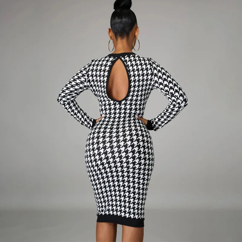 Houndstooth Print Women Long Sleeve Midi Dress Hollow Out Bodycon Sexy Streetwear 2022 Autumn Winter Club Elegant Slim - Smarsty