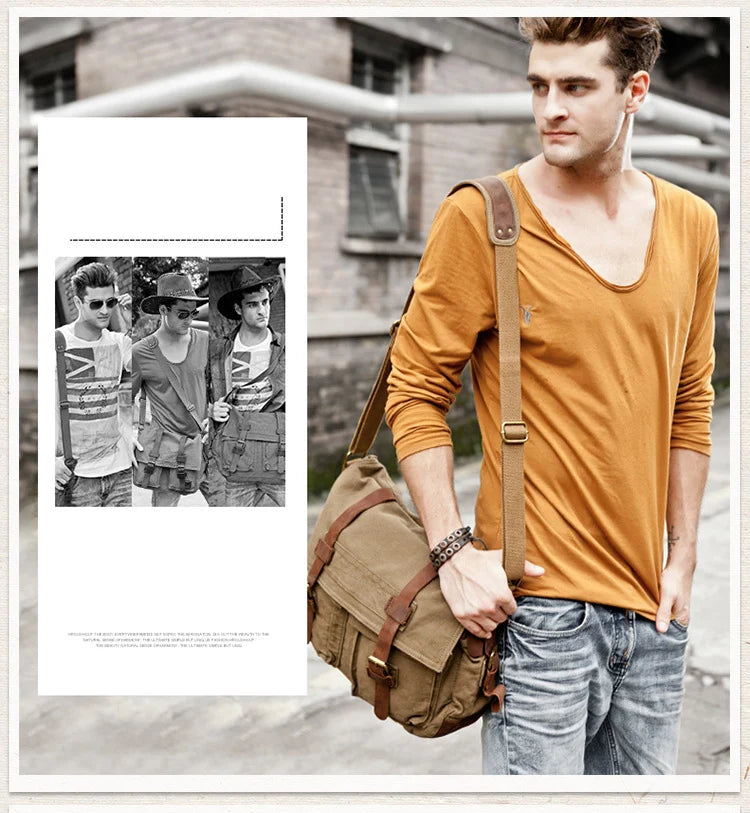 Vintage Leather Canvas Messenger Bag Unisex Crossbody - Smarsty