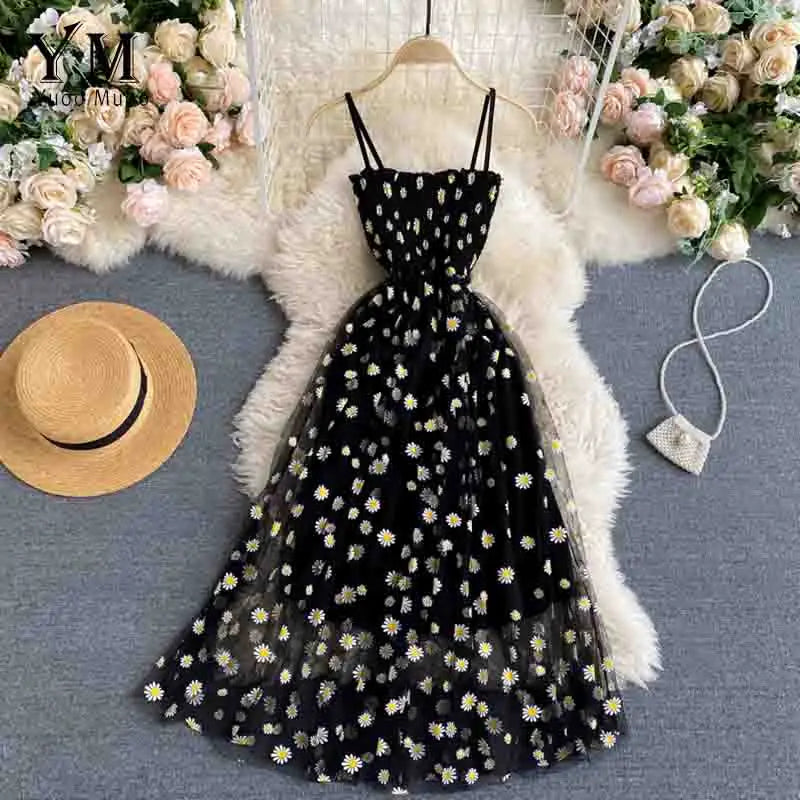 YuooMuoo Korean Fashion Daisy Flower Print Mesh Party Dress Summer Two Layers Spaghetti Strap Vacation Midi Dress Beach Vestidos - Smarsty