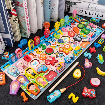 3D Preschool Children Educational Toys Wooden Montessori Arithmetic Magnetic Fishing Digital Shape Matching Building Block Toys - Smarsty