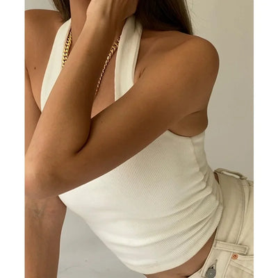 White Halter Sexy Backless Tank Tops for Women Streetwear 2024 Sleeveless Ribbed Knit Vest Top Cropped Feminino - Smarsty