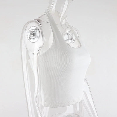 White Halter Sexy Backless Tank Tops for Women Streetwear 2024 Sleeveless Ribbed Knit Vest Top Cropped Feminino - Smarsty