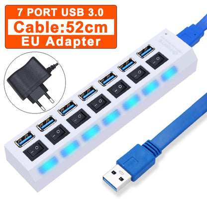 USB Hub 3.0 With Power Switch 7 Port Expansion Pro