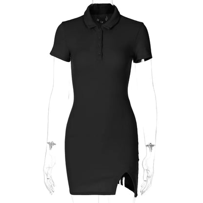 Short Sleeve Slit Sexy Mini Dress Summer Women Fashion Streetwear Outfits Cute Solid Party Clothing - Smarsty