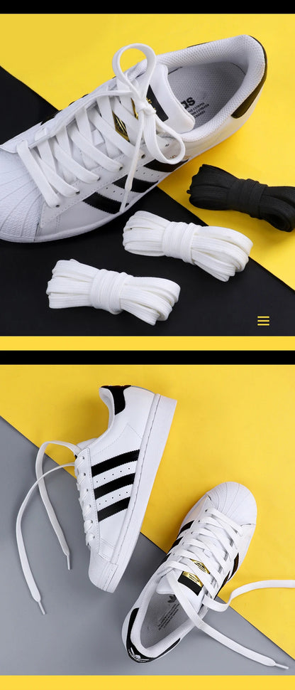 1Pair Classic shoelaces Flat black White Shoe Lace Double Fabric Non-slip Polyester Laces Casual Sport Shoestrings 100/120/140CM - Smarsty