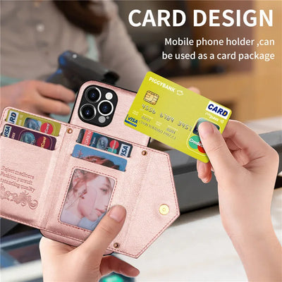 Zipper Wallet Phone Case For iPhone 14 13 12 11 X XS XR Leather Card Back Crossbody Strap Leather Magnetic Wallet Phone Case by Smarsty
