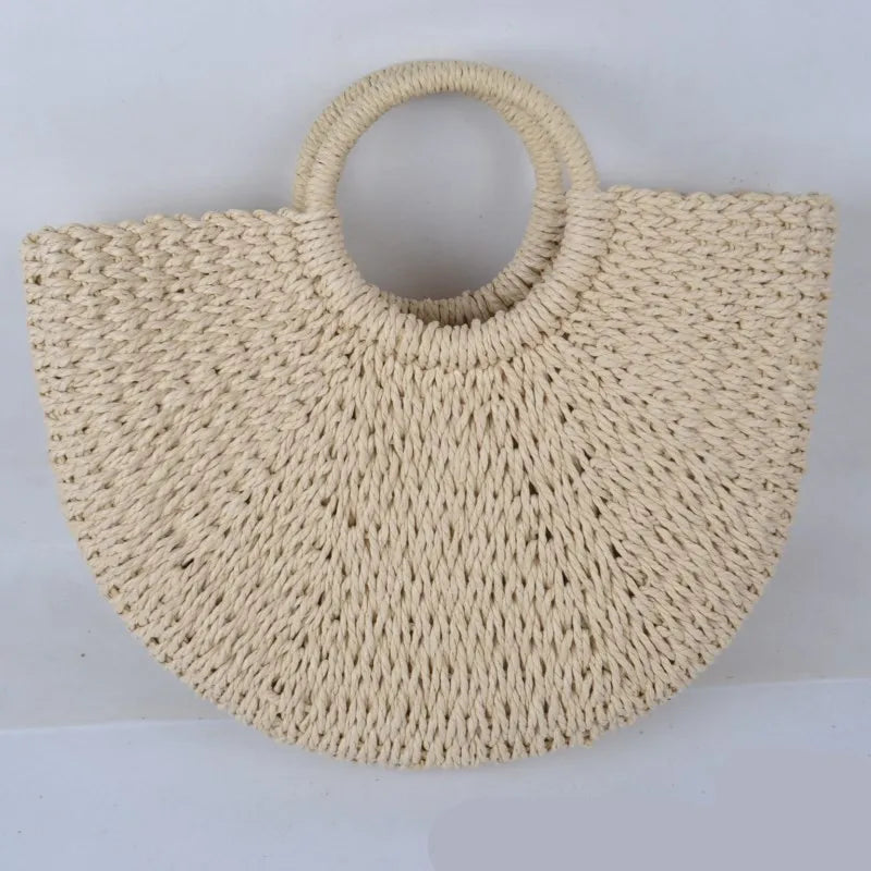 Summer Handmade Straw Bag for Women Beach Tote Moon Shaped - Smarsty