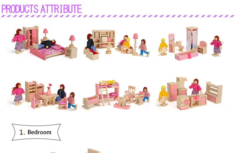 Wooden Dollhouse Furniture Miniature Toy For Dolls Kids Children House Play Toy Mini Furniture Sets Doll Toys Boys Girls Gifts