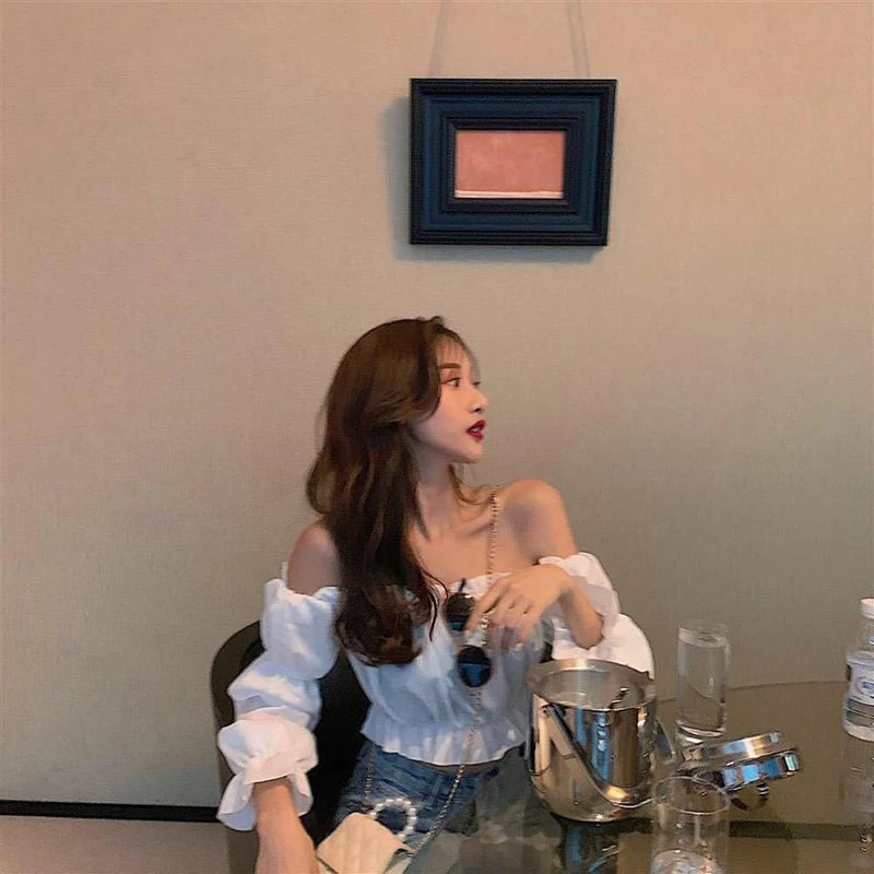 Women Top Sexy Blouse Off Shoulder Top Long Sleeve Solid Color White Shirt Puff Sleeve Ruffle Tunic Crop Top Summer Tube Top - Smarsty