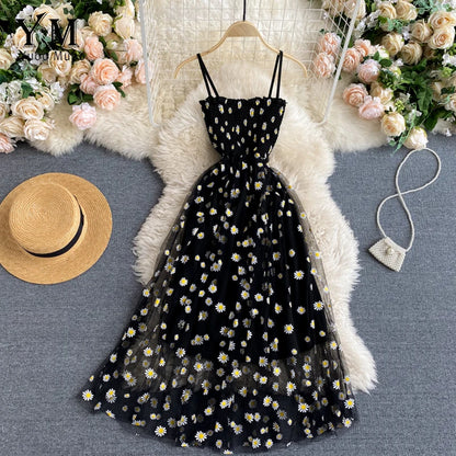 YuooMuoo Korean Fashion Daisy Flower Print Mesh Party Dress Summer Two Layers Spaghetti Strap Vacation Midi Dress Beach Vestidos - Smarsty