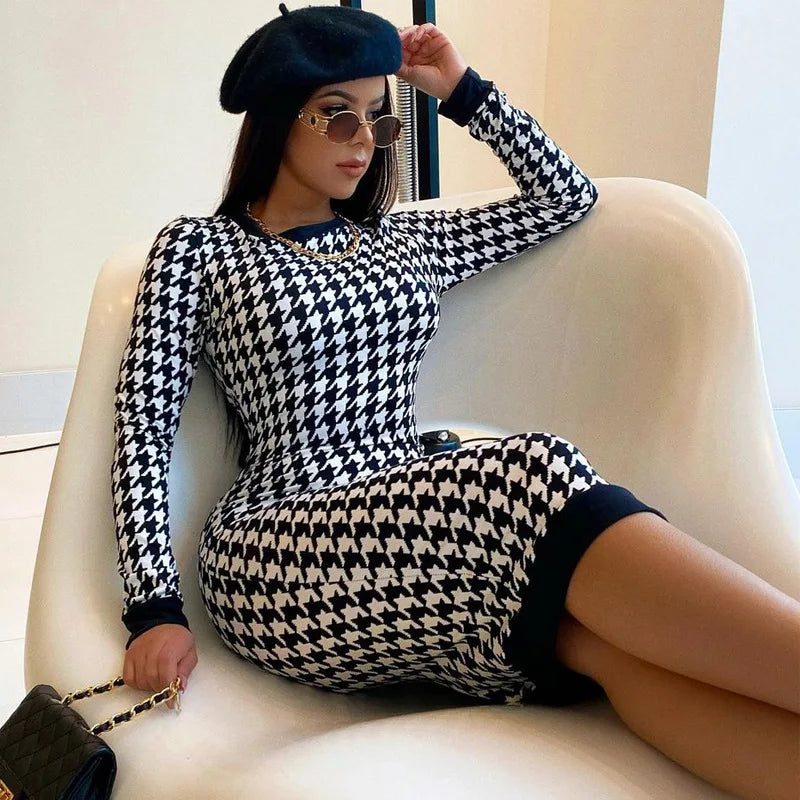 Houndstooth Print Women Long Sleeve Midi Dress Hollow Out Bodycon Sexy Streetwear 2022 Autumn Winter Club Elegant Slim - Smarsty
