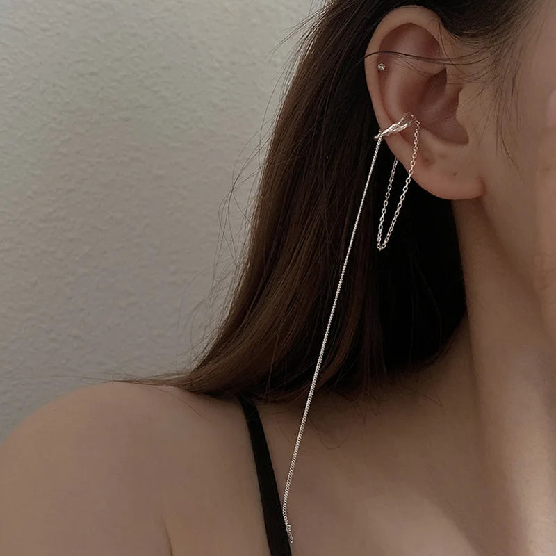 Zircon C Shape Long Tassel Ear Cuffs No Piercing Earrings - Smarsty