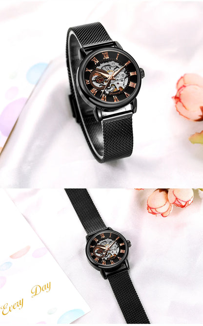 Fashionable Women's Mechanical Automatic Watch with Mesh Strap - Smarsty