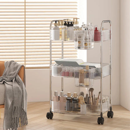 3/4 Layer Rolling Trolley Storage Rack Movable Trolley With Hanging Basket Bathroom Storage Makeup Snack Organizer Transparent