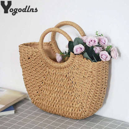 Summer Handmade Straw Bag for Women Beach Tote Moon Shaped - Smarsty