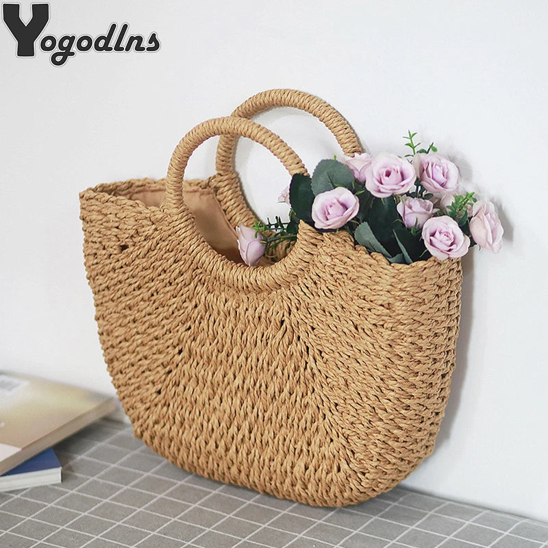 Summer Handmade Straw Bag for Women Beach Tote Moon Shaped - Smarsty