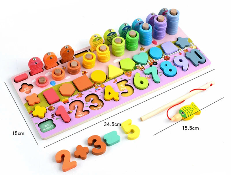 3D Preschool Children Educational Toys Wooden Montessori Arithmetic Magnetic Fishing Digital Shape Matching Building Block Toys - Smarsty