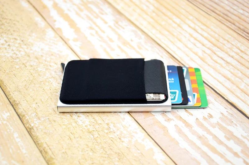 YUECIMIE Slim Aluminum Wallet With Elasticity Back Pouch ID Credit Card Holder Mini RFID Wallet Automatic Pop up Bank Card Case