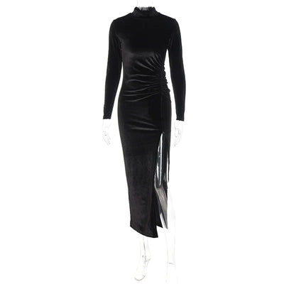 2022 Autumn Winter Women Solid Velvet Long Sleeve Ruched Midi Dress Side Slit Bodycon Sexy Streetwear Party Elegant Club - Smarsty