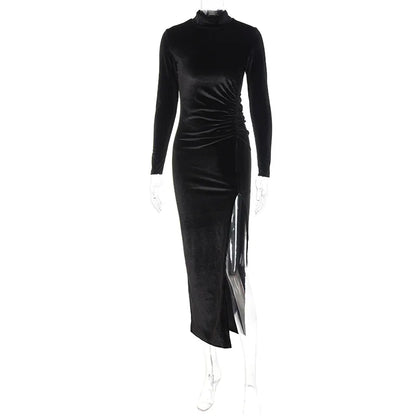 2022 Autumn Winter Women Solid Velvet Long Sleeve Ruched Midi Dress Side Slit Bodycon Sexy Streetwear Party Elegant Club - Smarsty