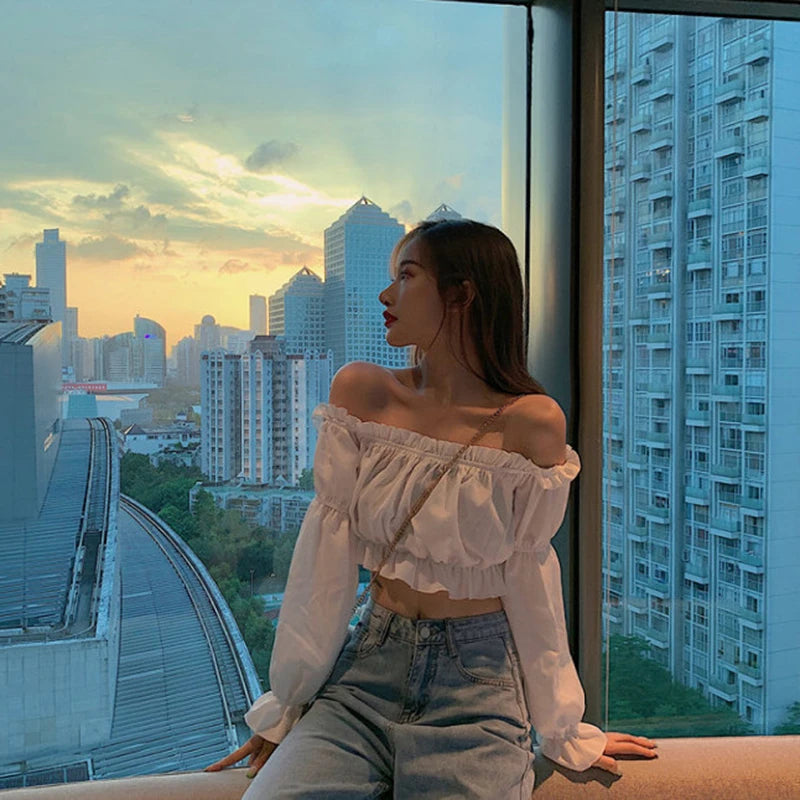 Women Top Sexy Blouse Off Shoulder Top Long Sleeve Solid Color White Shirt Puff Sleeve Ruffle Tunic Crop Top Summer Tube Top - Smarsty