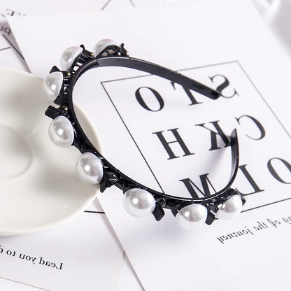 Double Layer Braided Headband With Pearl Accent Comfortable - Smarsty