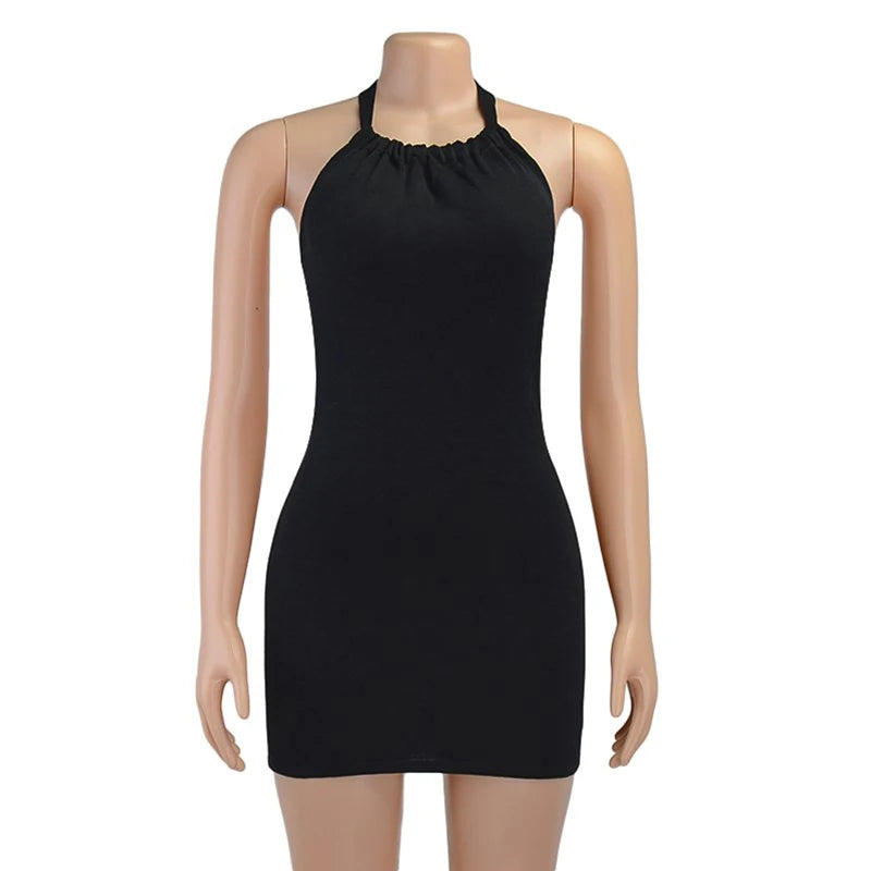 Black Bodycon Dress Women Halter Sexy Skinny Hollow Out Backless Mini Dresses Hot Summer Sleeveless Beach Party Cut Out Dress - Smarsty