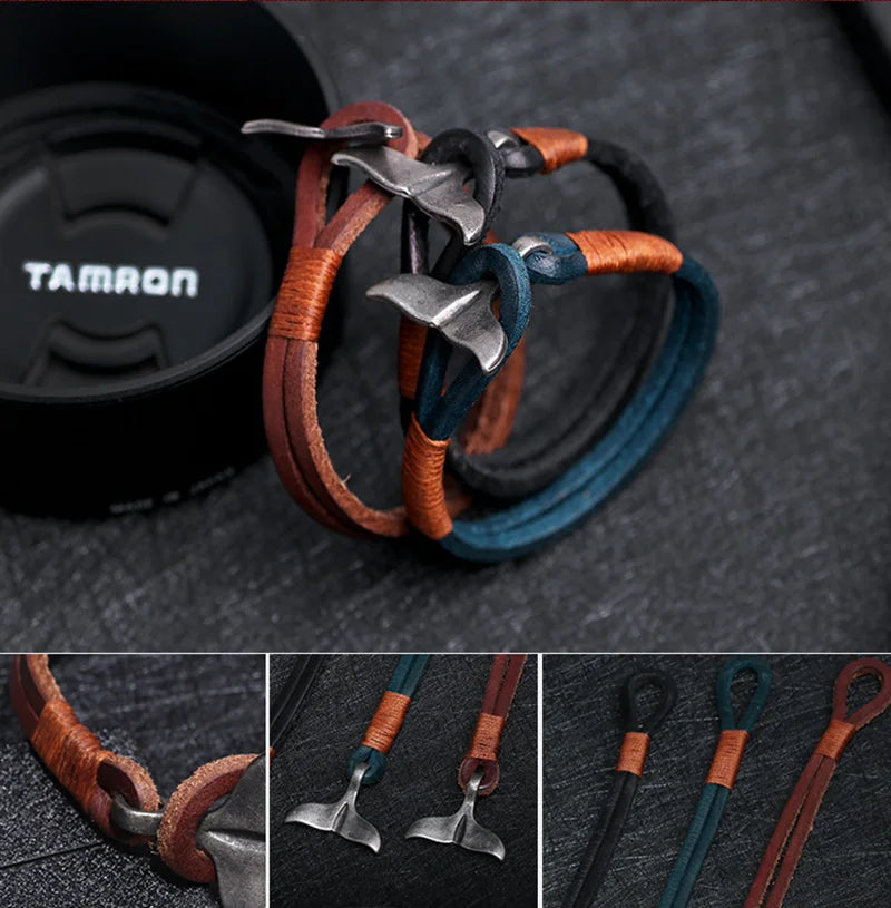 Vintage Leather Whale Tail Bracelet Beach Jewelry for Men Women - Smarsty