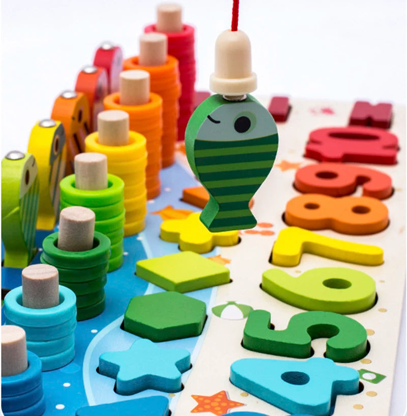 3D Preschool Children Educational Toys Wooden Montessori Arithmetic Magnetic Fishing Digital Shape Matching Building Block Toys - Smarsty