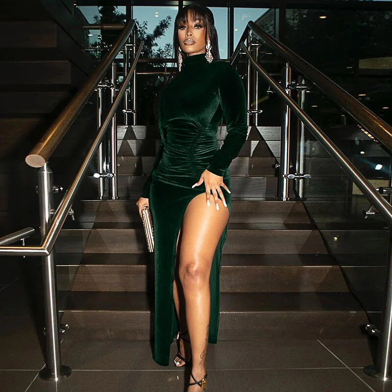 2022 Autumn Winter Women Solid Velvet Long Sleeve Ruched Midi Dress Side Slit Bodycon Sexy Streetwear Party Elegant Club - Smarsty
